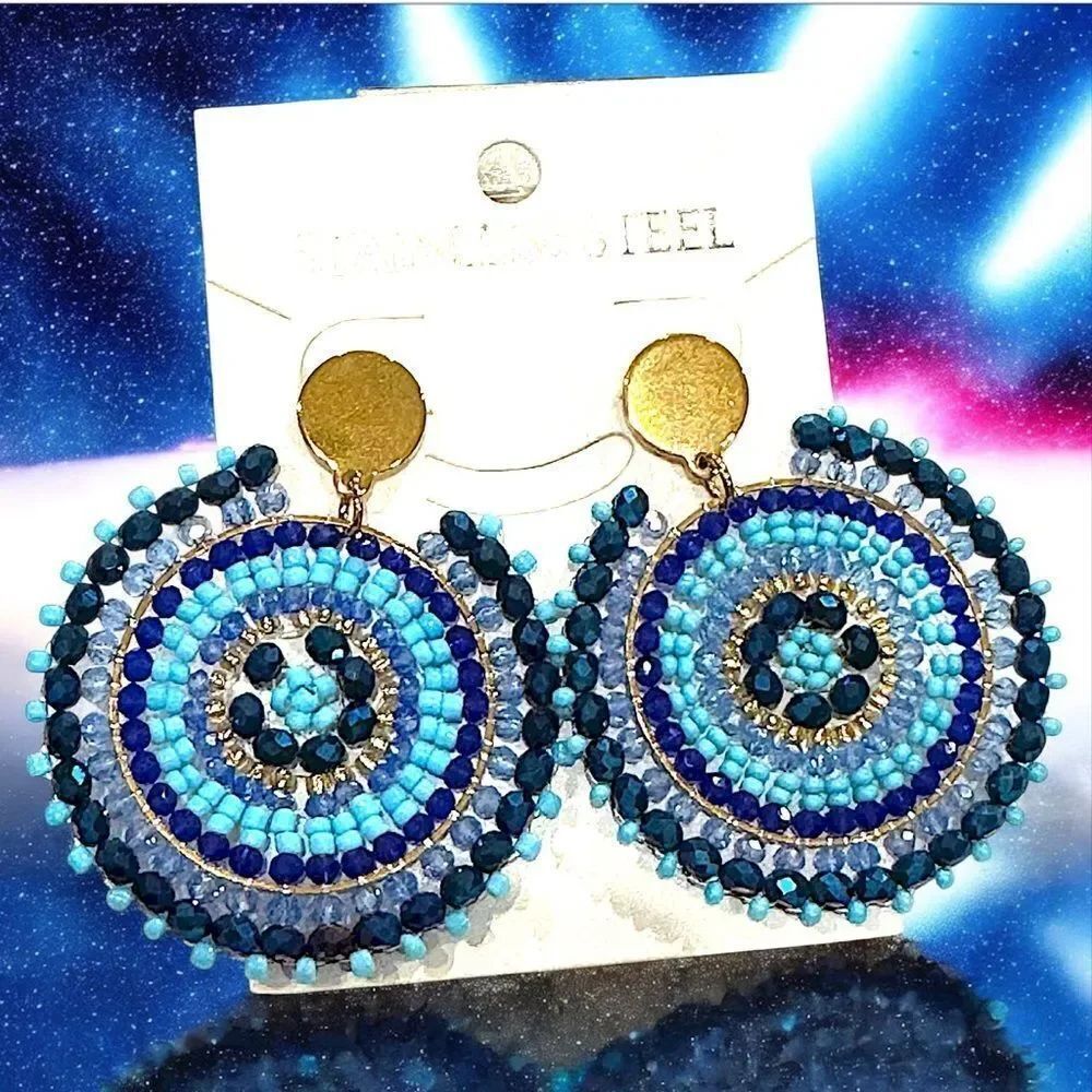 Blue Beaded Statement Earrings